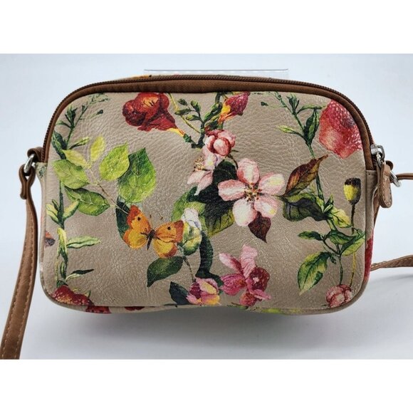 Multi Sac Dynamic Mini Crossbody Purse Zippered Pockets Butterfly Floral Beige - Picture 4 of 12